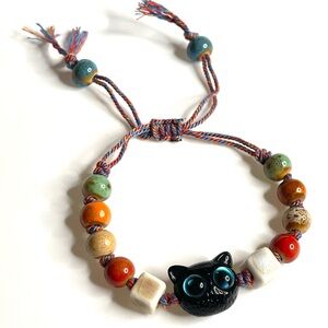 Black Cat Bracelet Red white Tan  orange Ceramic Beaded Adjustable Cord